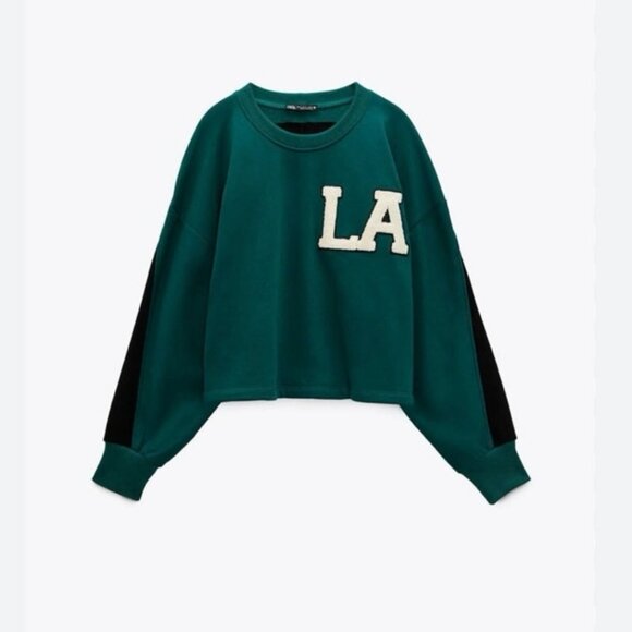 ZARA LA Green & Black Colorblock Cropped Sweatshirt Women’s Size Large - Picture 1 of 6